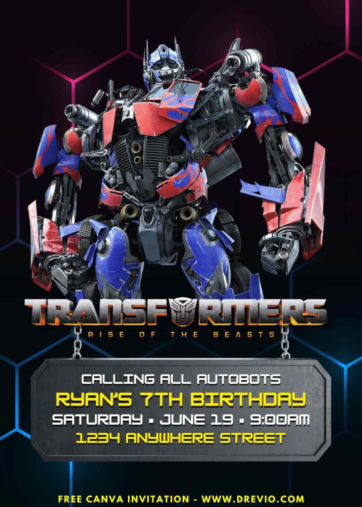 Free and Editable Optimus Prime Transformers Birthday Invitation Templates Made in Canva. Customize Online for free
