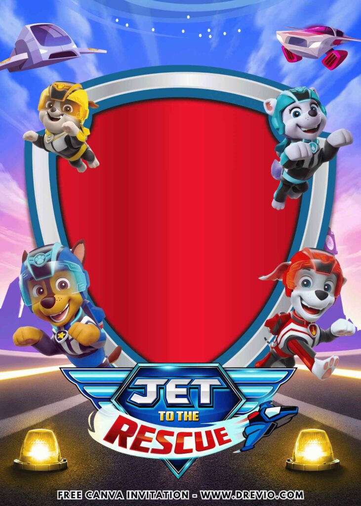 Free and Editable Chase Marshall Everest and Rubble PAW Patrol Jet to the Rescue Birthday Invitation Templates Made in Canva. Customize Online for free