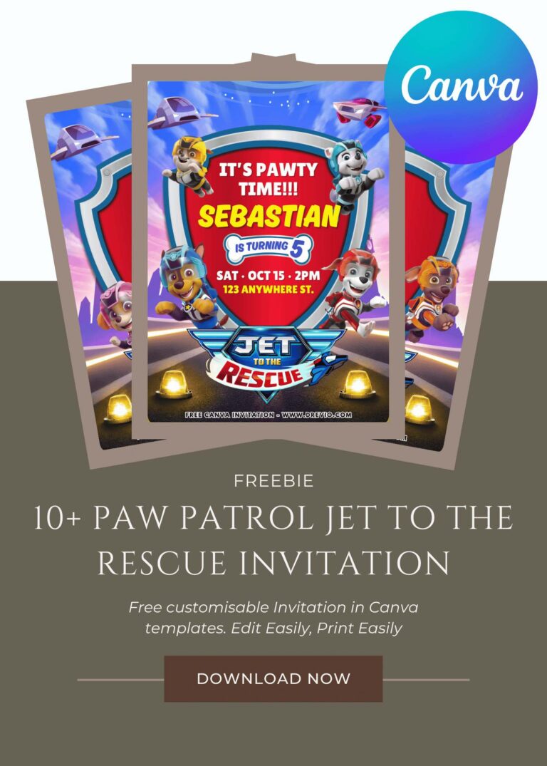 Free and Editable Awesome PAW Patrol Jet to the Rescue Birthday Invitation Templates Made in Canva. Customize Online for free