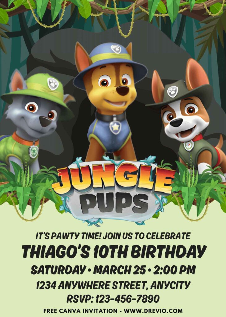 Free and Editable Paw Patrol Jungle Pups Birthday Invitation Templates Made in Canva. Customize Online for free