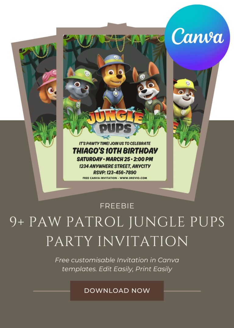 Free and Editable Adorable Paw Patrol Jungle Pups Birthday Invitation Templates Made in Canva. Customize Online for free