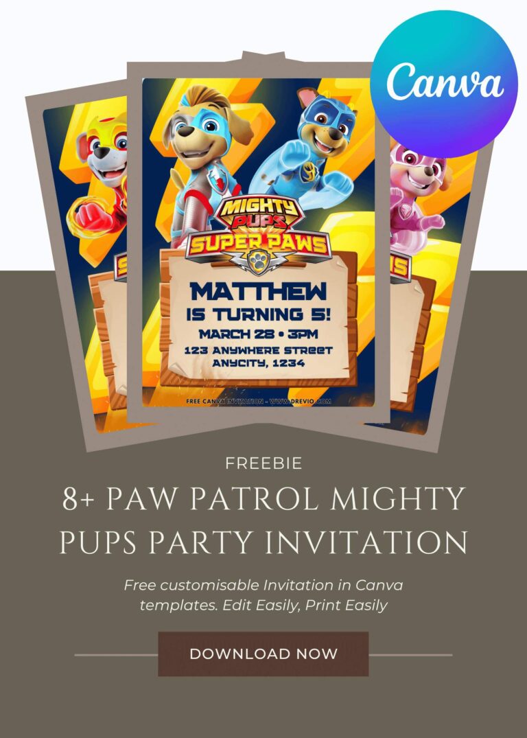 Free and Editable Awesome PAW Patrol Mighty Pups Super PAWS Birthday Invitation Templates Made in Canva. Customize Online for free