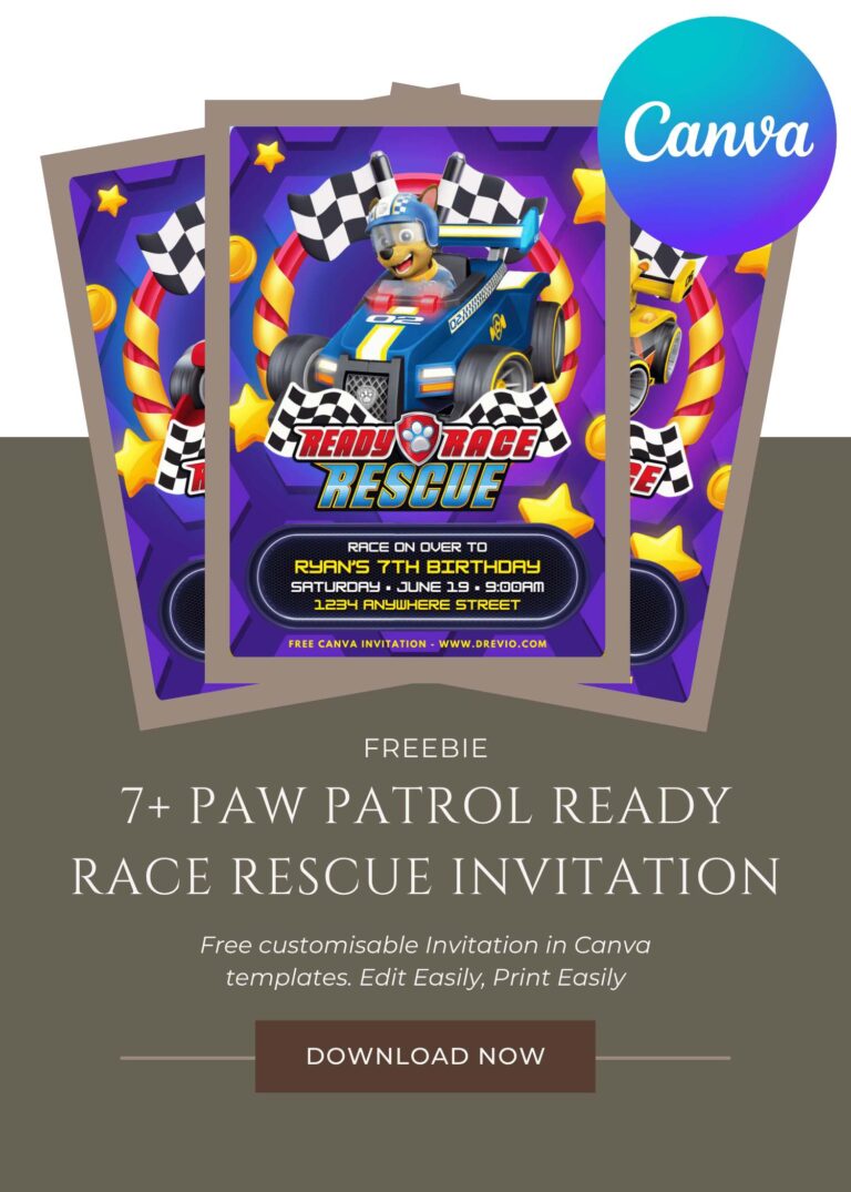 Free and Editable Awesome PAW Patrol Ready Race Rescue Birthday Invitation Templates Made in Canva. Customize Online for free