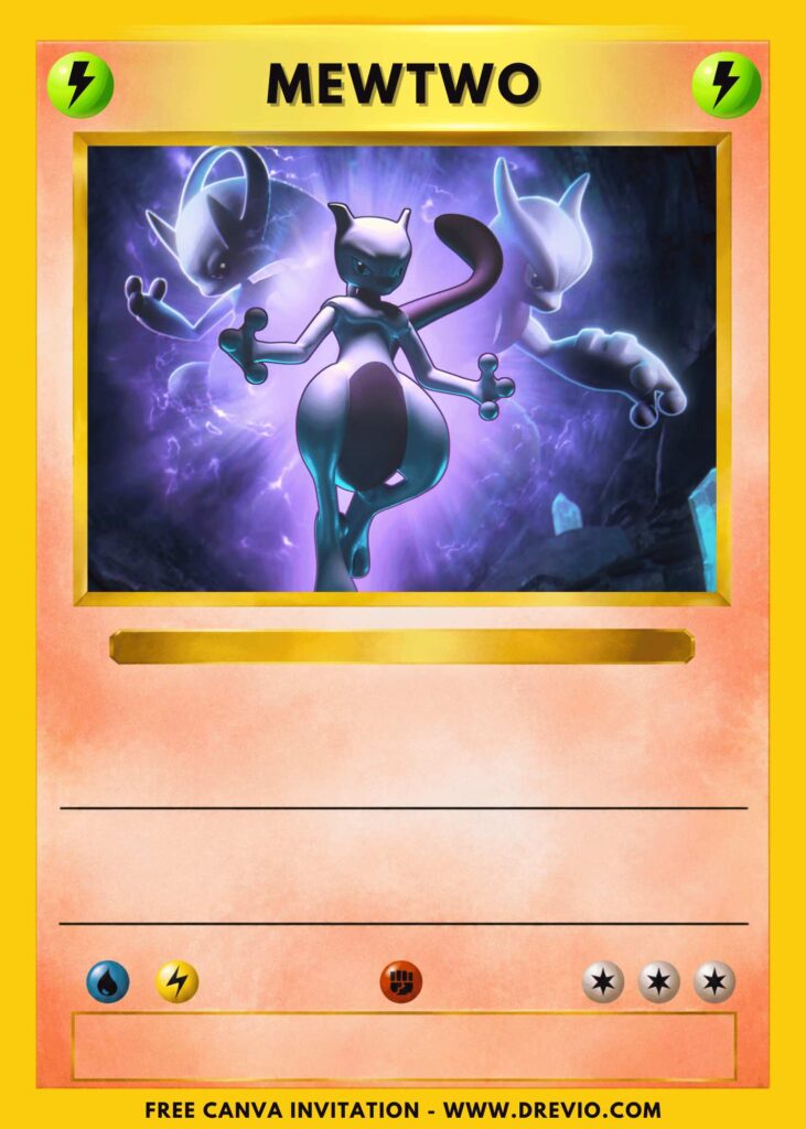 Free and Editable Pokemon Mewtwo Card Birthday Invitation Templates Made in Canva. Customize Online for free
