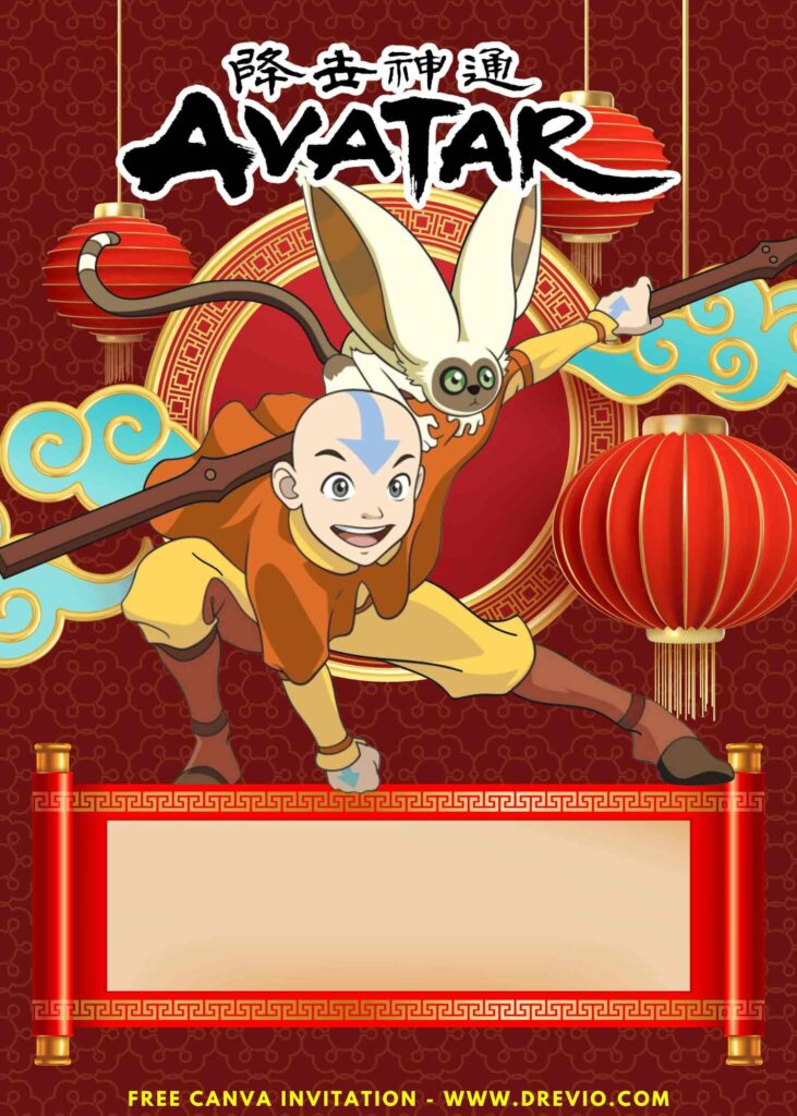 Free and Editable Lovely Cute Avatar the Last Airbender Birthday Invitation Templates with Red Background and Lampion Made in Canva. Customize Online for free