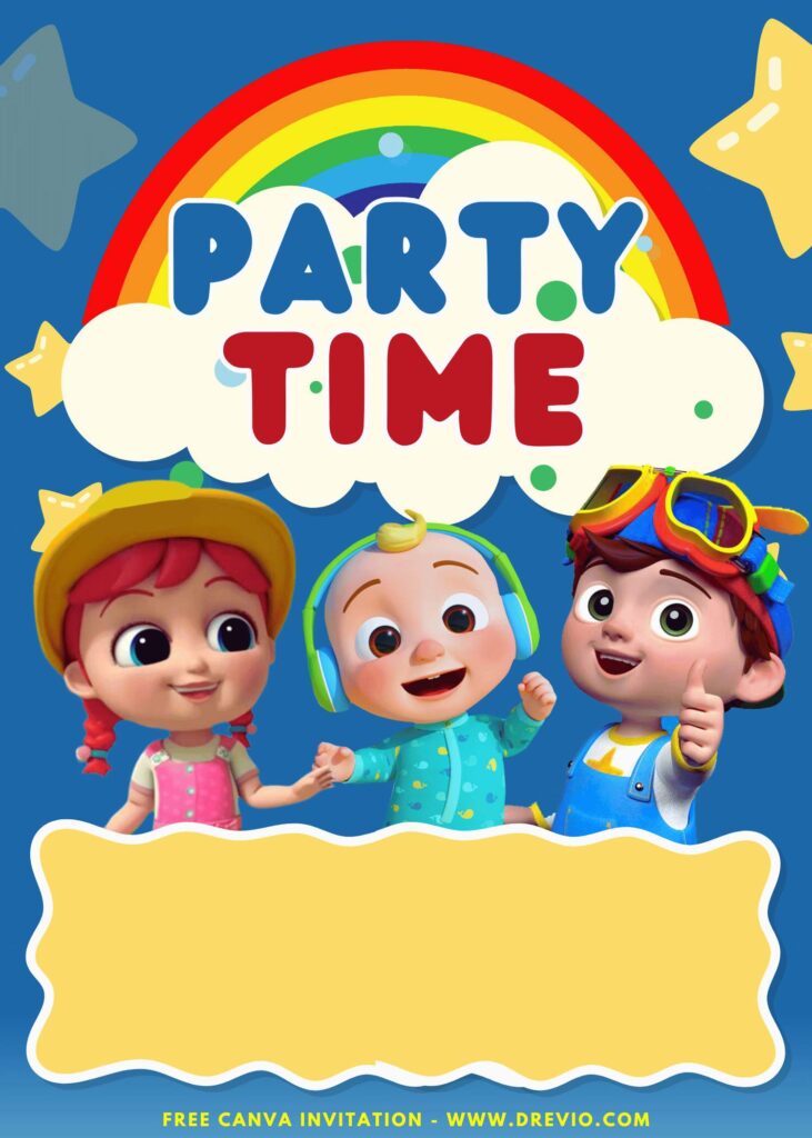 Free and Editable Nursery Cocomelon Party Time Birthday Invitation Templates Made in Canva. Customize Online for free
