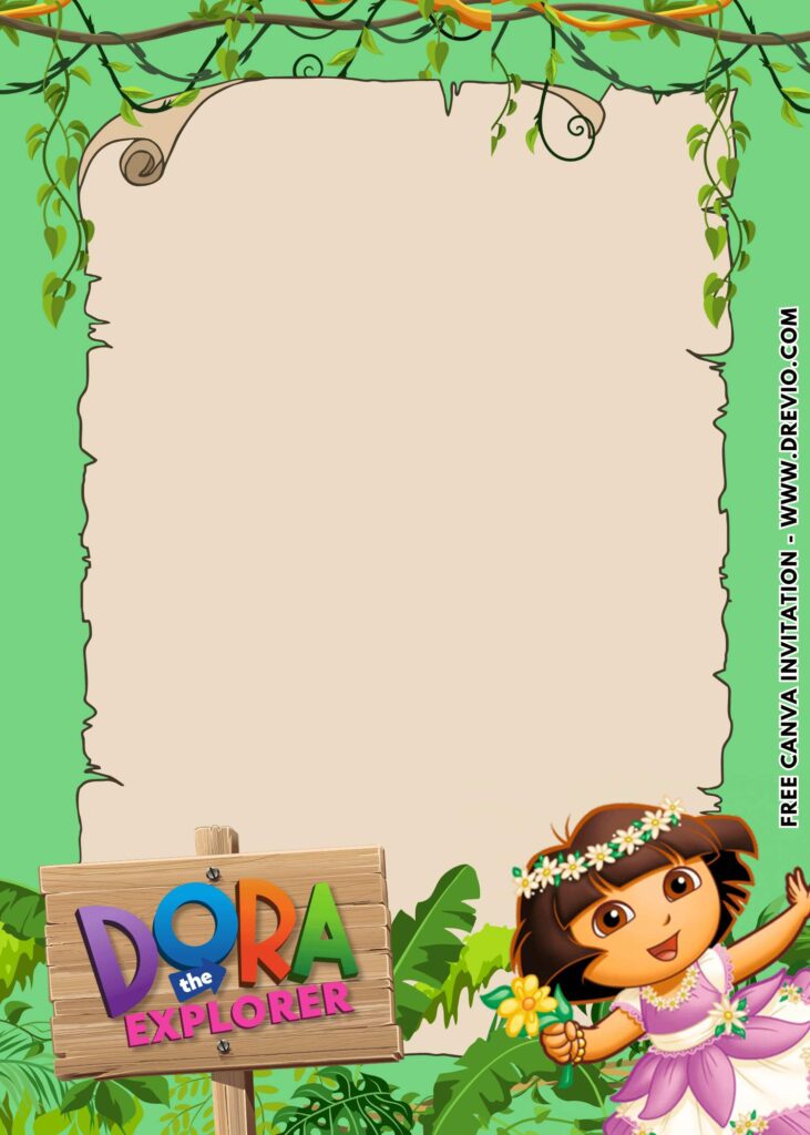Free and Editable Hawaiian Dora the Explorer Birthday Invitation Templates Made in Canva. Customize Online for free