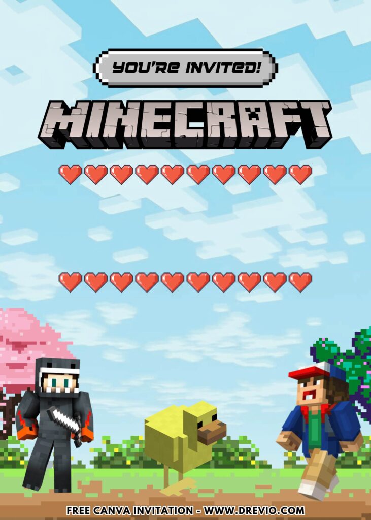 Free and Editable Simply Cute Minecraft Birthday Invitation Templates Made in Canva. Customize Online for free