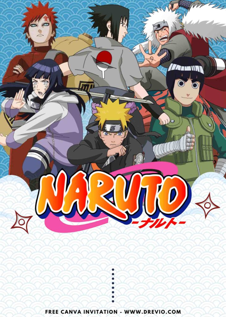 Free and Editable Naruto Jiraiya Gamabunta Sasuke Hinata and Rock Lee Birthday Invitation Templates Made in Canva. Customize Online for free