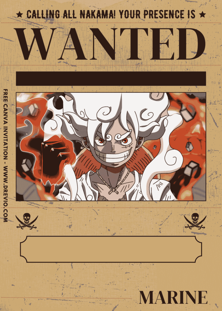 Free and Editable Epic Straw Hat Pirate One Piece Birthday Invitation Templates Made in Canva. Customize Online for free