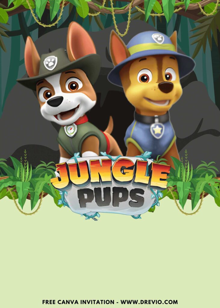 Free and Editable Marshall and Chase Paw Patrol Jungle Pups Birthday Invitation Templates Made in Canva. Customize Online for free