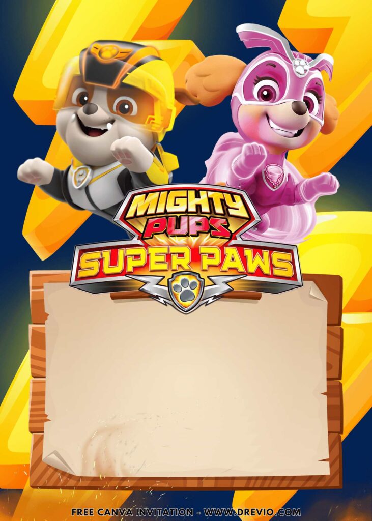 Free and Editable Rubble and Skye PAW Patrol Mighty Pups Super PAWS Birthday Invitation Templates Made in Canva. Customize Online for free