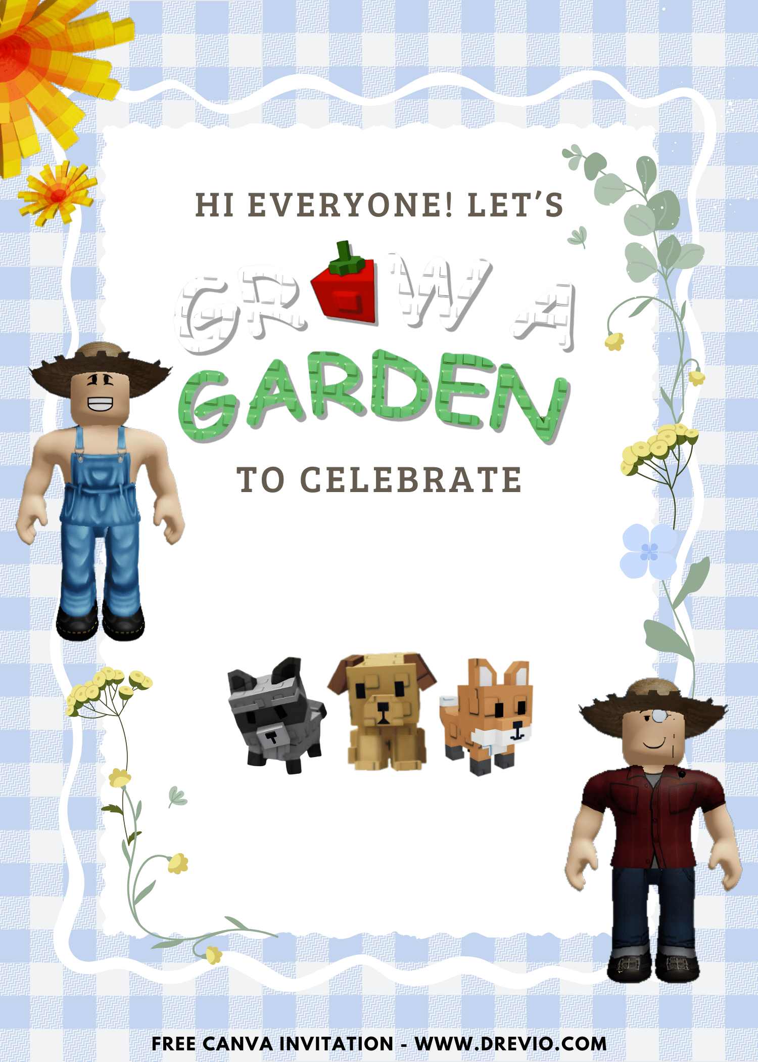 Free and Editable Lovely Roblox Grow A Garden Birthday Invitation Templates Made in Canva. Customize Online for free