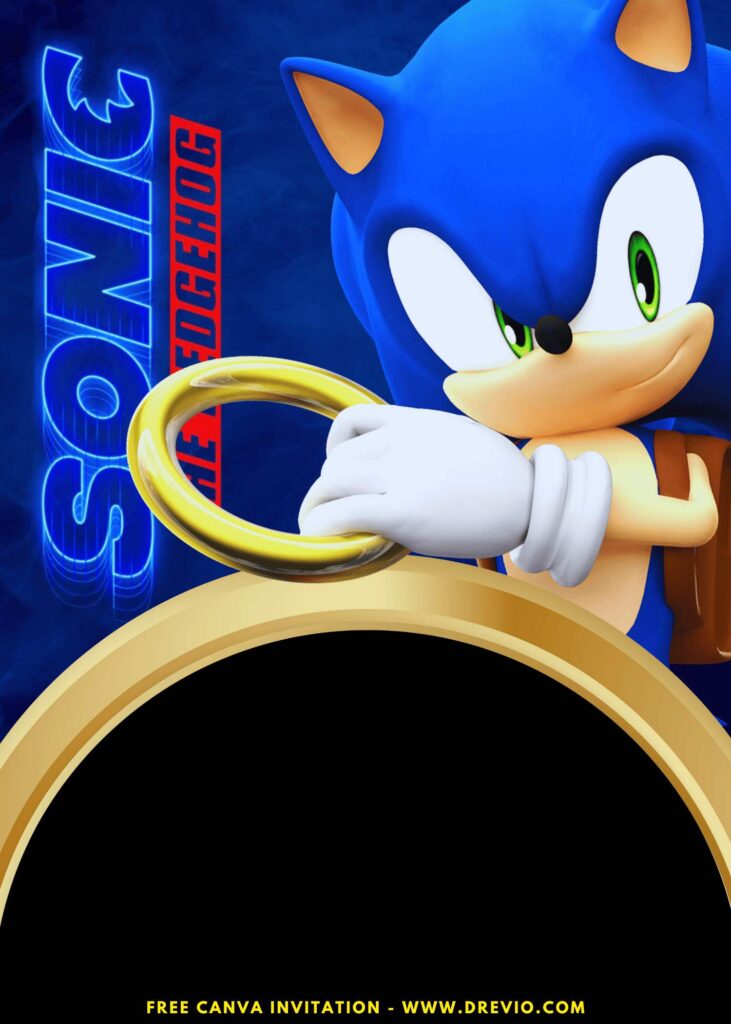 Free and Editable Sonic the Hedgehog  holding golden ring Birthday Invitation Templates Made in Canva. Customize Online for free