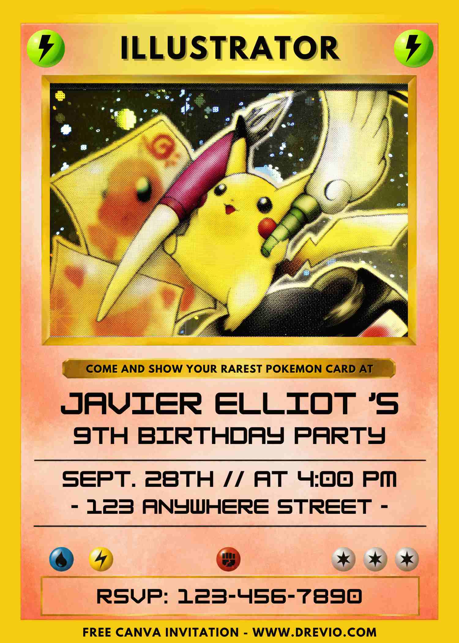 Free and Editable Pokemon Card Illustrator Birthday Invitation Templates Made in Canva. Customize Online for free
