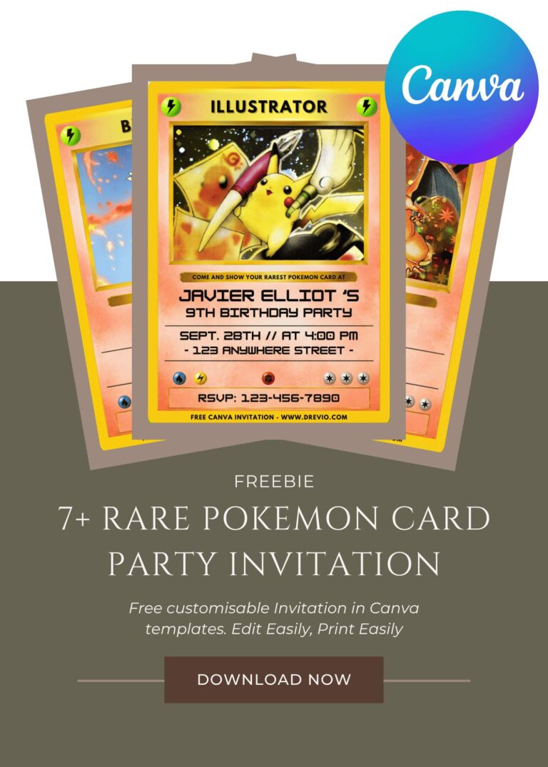 Free and Editable Rare Pokemon Card Birthday Invitation Templates Made in Canva. Customize Online for free