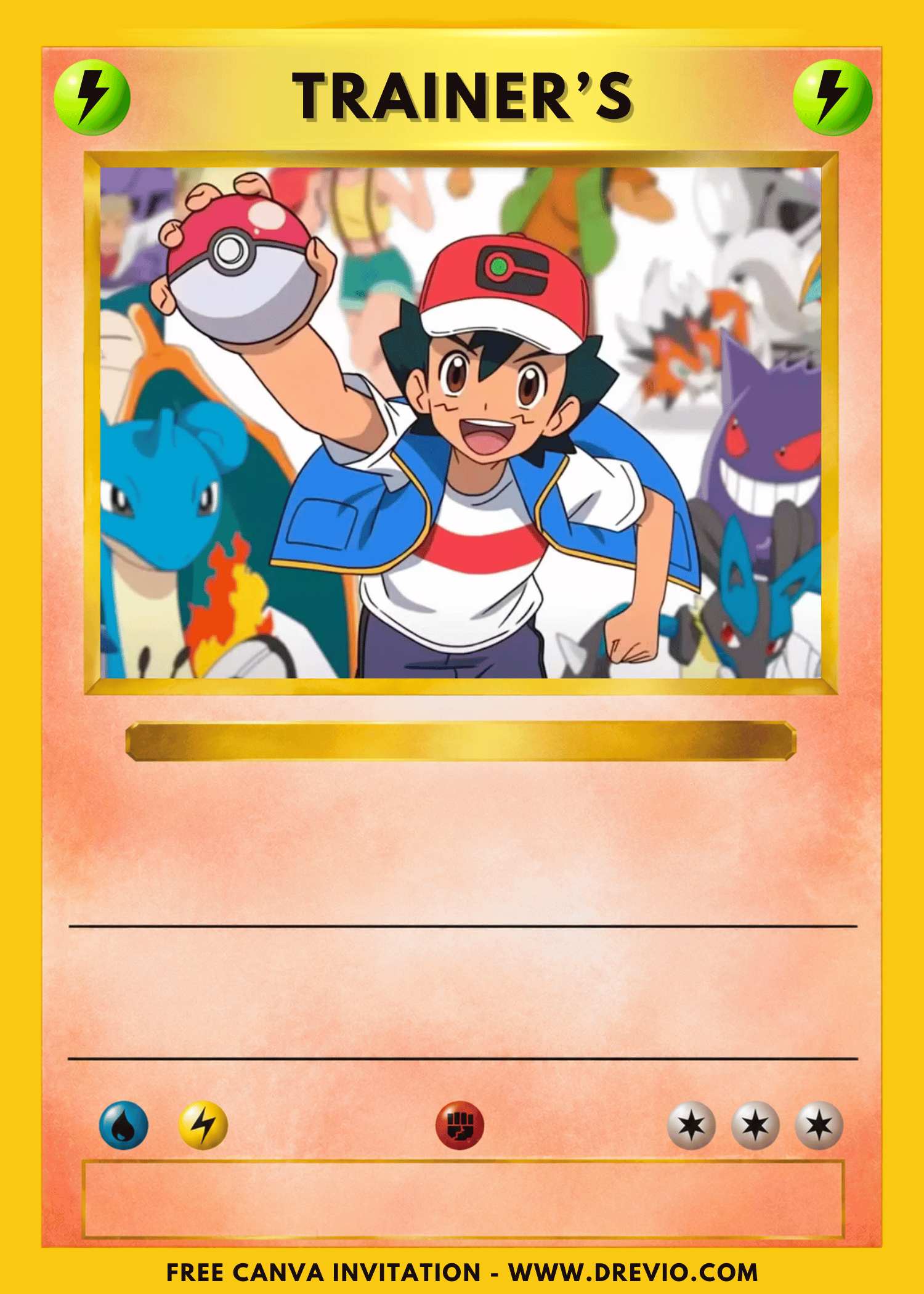 Free and Editable Pokemon Trainer's Card Birthday Invitation Templates Made in Canva. Customize Online for free