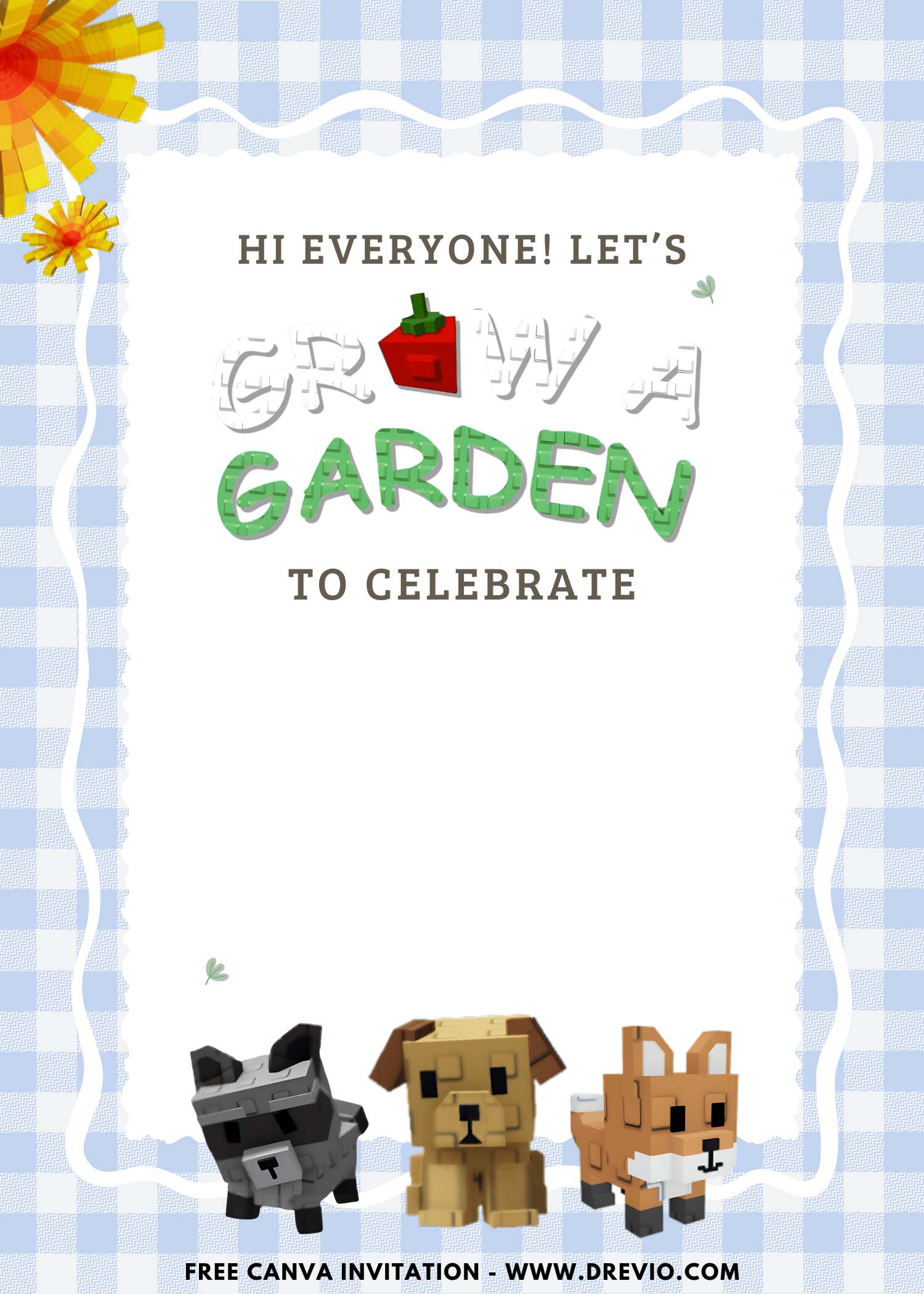 Free and Editable Cute Roblox Grow A Garden Birthday Invitation Templates Made in Canva. Customize Online for free