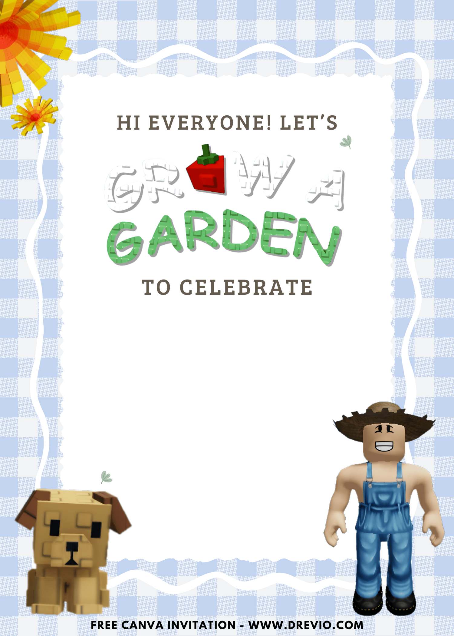 Free and Editable Farmer and his dog Roblox Grow A Garden Birthday Invitation Templates Made in Canva. Customize Online for free