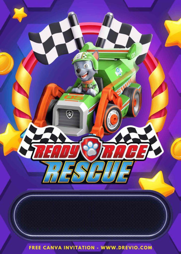 Free and Editable PAW Patrol Ready Race Rescue Rocky Birthday Invitation Templates Made in Canva. Customize Online for free
