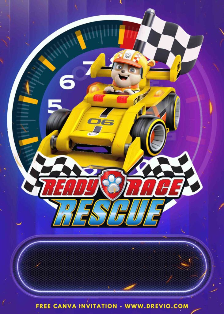 Free and Editable Epic Rubble PAW Patrol Ready Race Rescue Birthday Invitation Templates Made in Canva. Customize Online for free
