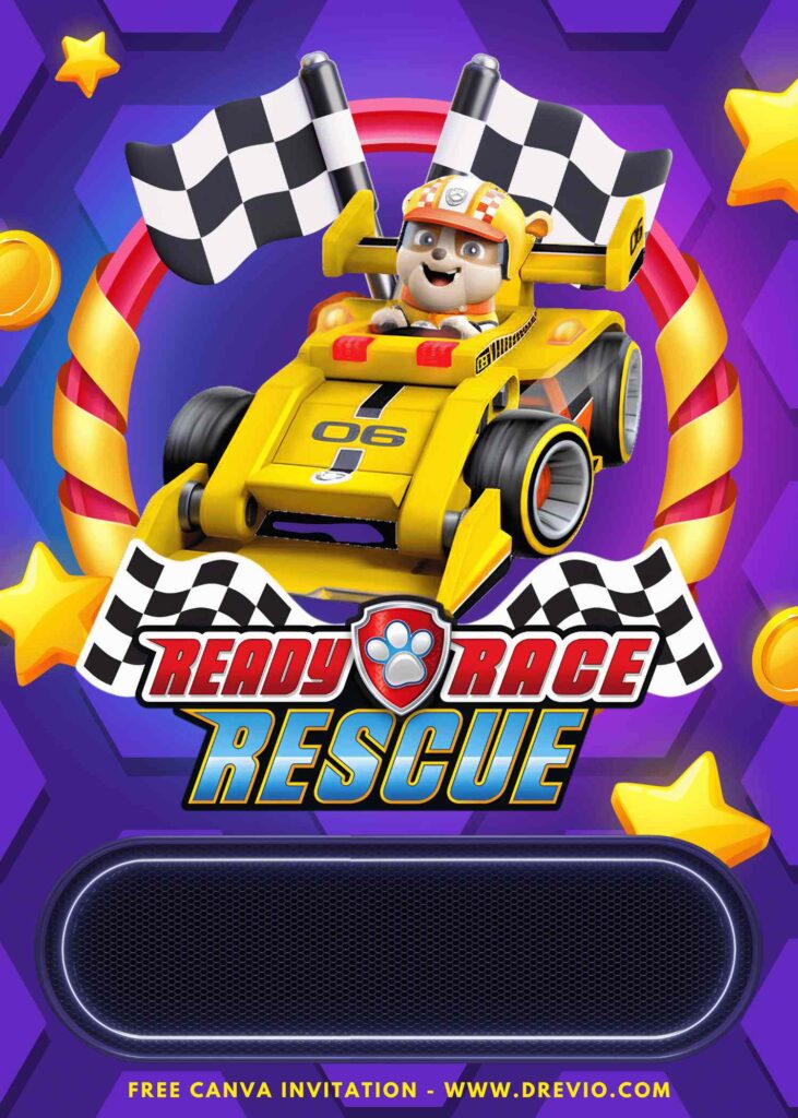 Free and Editable Epic PAW Patrol Ready Race Rescue Rubble Birthday Invitation Templates Made in Canva. Customize Online for free