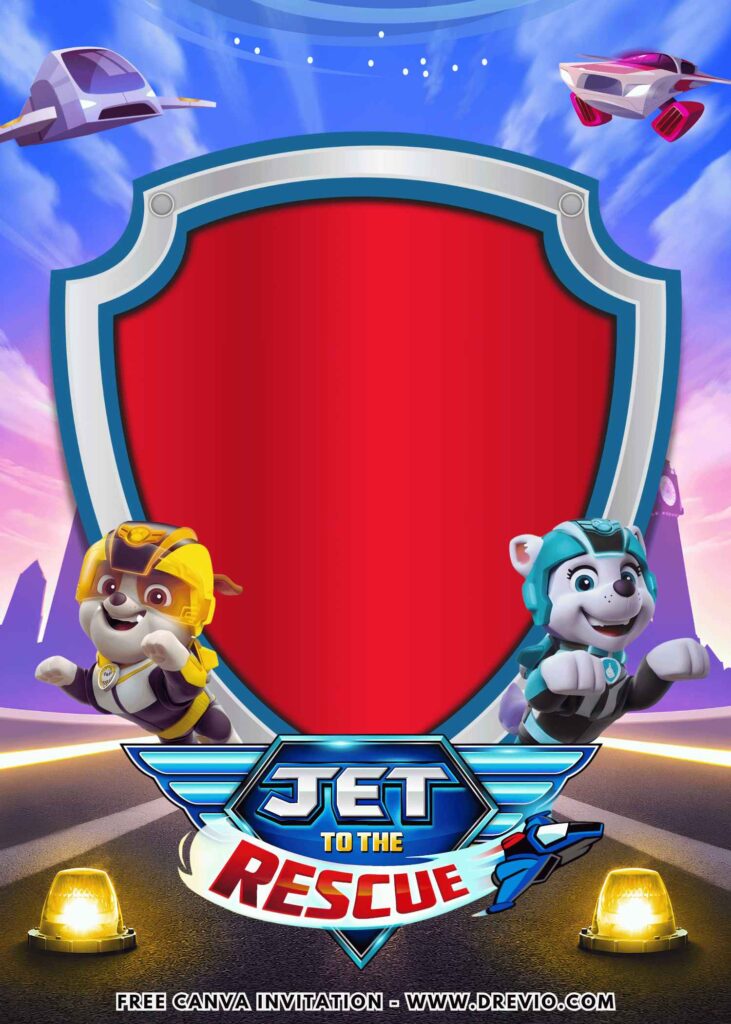 Free and Editable Cute PAW Patrol Jet to the Rescue Birthday Invitation Templates Made in Canva. Customize Online for free