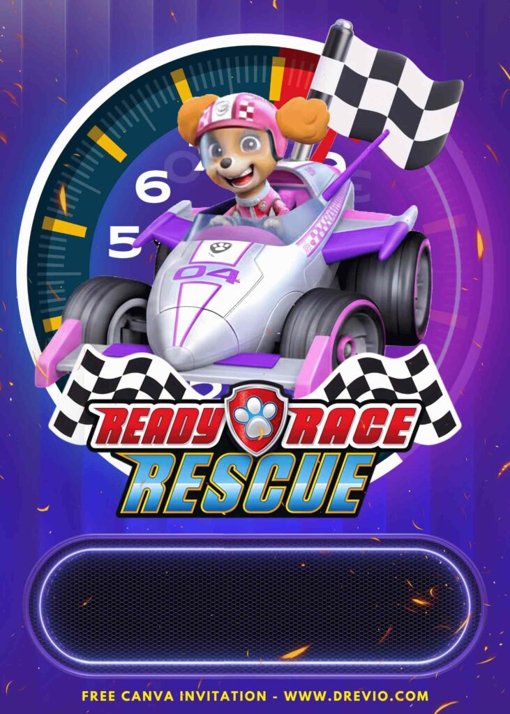 Free and Editable Epic Skye PAW Patrol Ready Race Rescue Birthday Invitation Templates Made in Canva. Customize Online for free