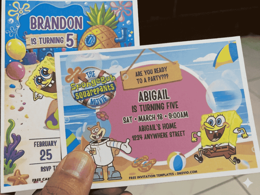 Adorable SpongeBob and Patrick Birthday Invitation Printed on 5x7 A7 250gsm 80lb Matte Cardstock Paper