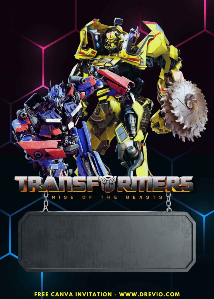 Free and Editable Awesome Optimus Prime and Bumblebee Transformers Birthday Invitation Templates Made in Canva. Customize Online for free