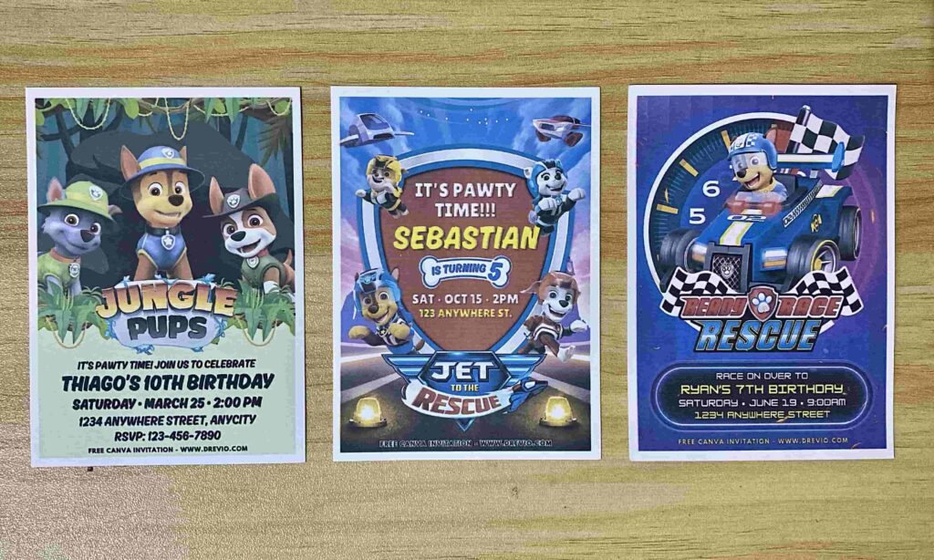 Preview of PAW Patrol Jungle Pups, Jet to the Rescue and Ready Race Rescue Birthday Invitation Printed on 5x7 250gsm 80lb matte cardstock paper