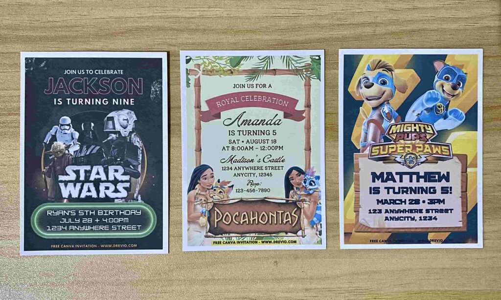 Preview of Star Wars Darth Vader, Disney Pocahontas, and PAW Patrol Mighty Pups Birthday Invitation Printed on 5x7 250gsm 80lb matte cardstock paper