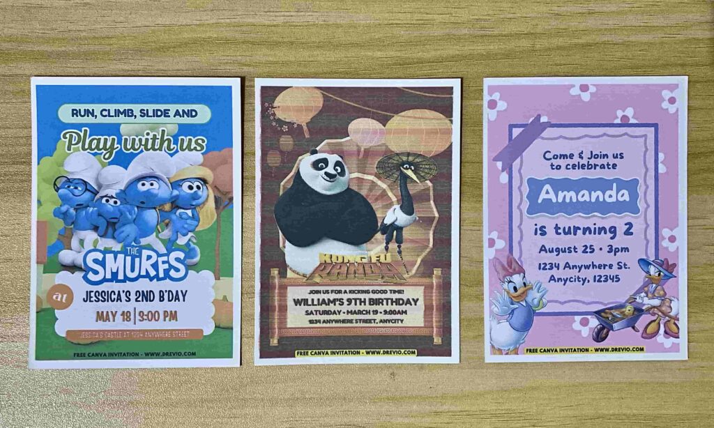 Preview of Adorable Disney Daisy Duck, Kung Fu Panda Po & Master Crane, and Smurfs Smurftastic Birthday Invitation Printed on 5x7 250gsm 80lb Matte Cardstock Paper