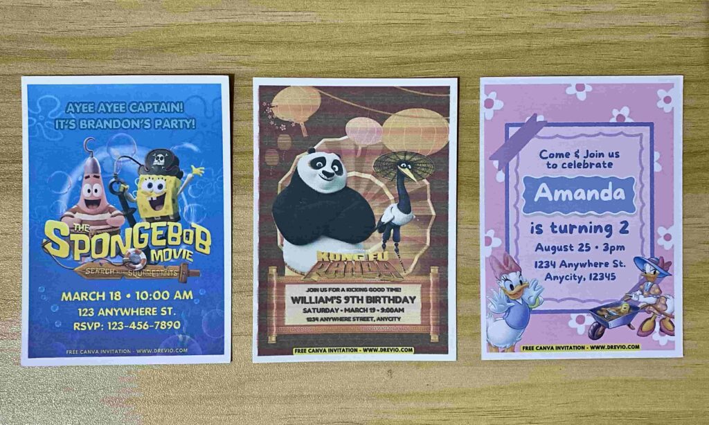 Preview of SpongeBob SquarePants Pirate, Kung Fu Panda Po, and Daisy Duck Birthday Invitation printed on 5x7 250 gsm 80lb matte cardstock paper