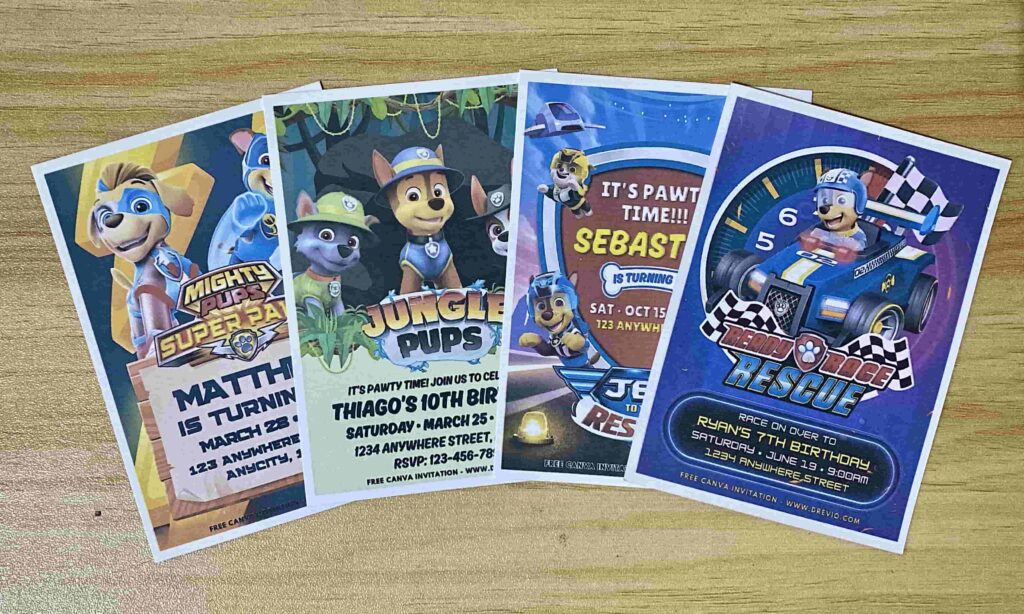 Preview of PAW Patrol Ready Race Rescue, Jet to the Rescue, Jungle Pups and Mighty Pups Birthday Invitation Printed on 5x7 A7 250gsm 80lb matte cardstock paper