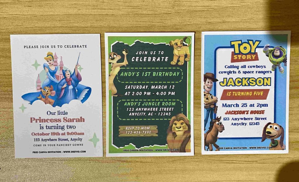 Preview of Toy Story 5, Disney Lion King Simba & Mufasa, and Princess Cinderella & Fairy Mother Birthday Invitation Printed on 5x7 250gsm 80lb Matte Cardstock Paper