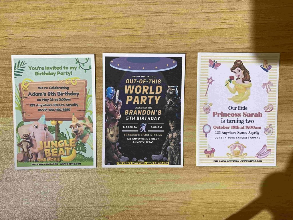 Preview of Gorgeous Disney Princess Belle Beauty and the Beast, Guardian of Galaxy, and Jungle Beat Birthday Invitation Printed on 250gsm 80lb matte cardstock paper