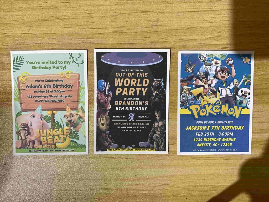 Preview of Pokemon Pikachu & Friends, Guardians of the Galaxy 4 Drax Nebula Groot & Rocket Raccoon, Jungle Beat birthday invitation Printed on 5x7 250gsm 80lb Matte Cardstock Paper