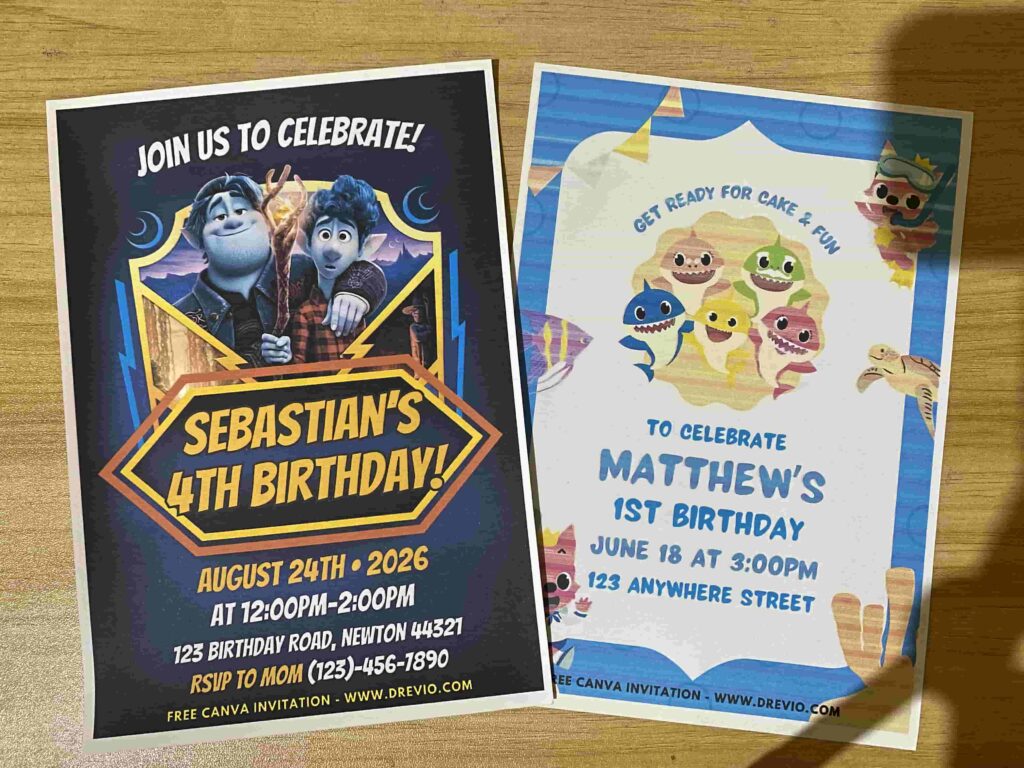 Preview of Baby Shark Family and Disney Onward Birthday Invitation Printed on 5x7 250gsm 80lb matte cardstock paper