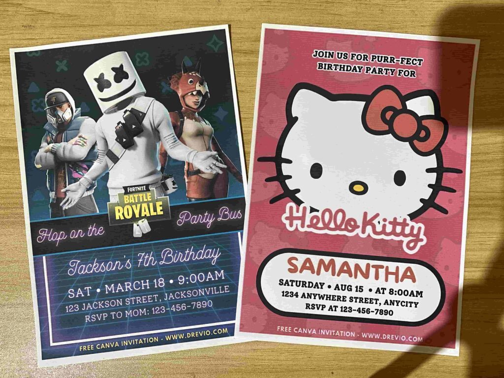 Preview of Epic Fortnite DJ Marshmello and Pink Hello Kitty Bow Birthday Invitation Printed on 5x7 250gsm 80lb Matte Cardstock Paper