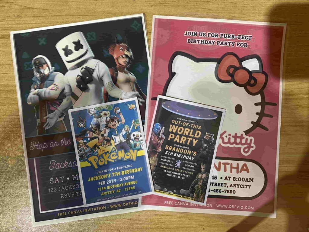 Preview of Pokemon, Guardians of the Galaxy, Hello Kitty and Fortnite Birthday Invitation Printed on 5x7 A7 250gsm 80lb Matte Cardstock Paper