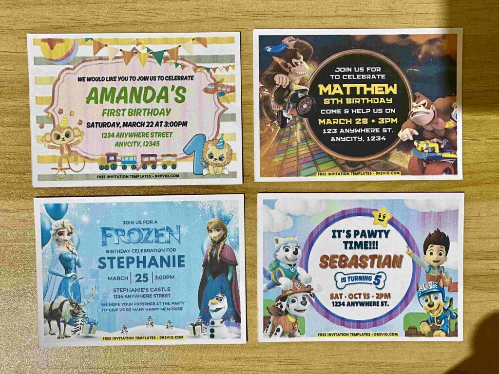 Preview of Super Mario Kart, PAW Patrol Chase Ryder Everest & Marshall, Animal 1st Birthday, and Disney Frozen Elsa & Anna birthday invitation Printed on A7 5x7 250gsm 80lb Matte Cardstock Paper