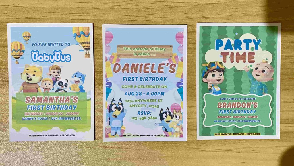Preview of Watermelon Coconelon JJ & TomTom, Bluey, and BabyBus Birthday Invitation Printed on A7 5x7 250gsm 80lb matte cardstock paper