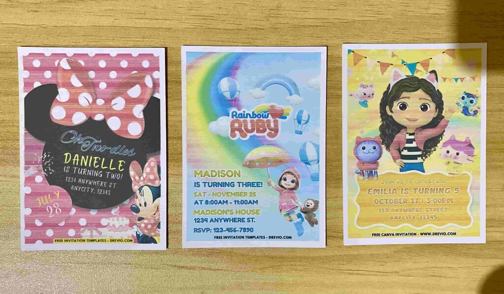 Preview of Gabby's Dollhouse, Rainbow Ruby and Minnie Mouse Polka Dot birthday invitation Printed on A7 5x7 250gsm 80lb matte cardstock paper