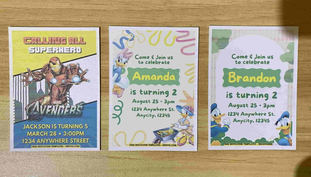 Preview of Donald Duck, Daisy Duck, and Marvel Avengers Iron Man Birthday Invitation Printed on A7 5x7 250gsm 80lb Matte Cardstock Paper