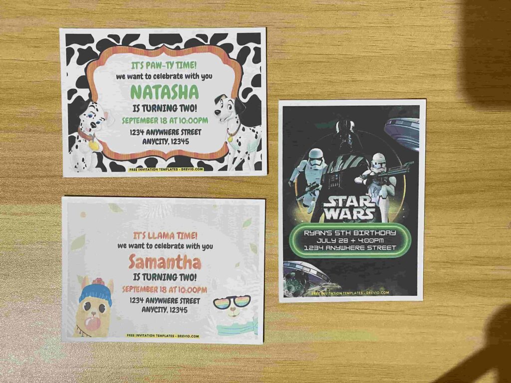 Preview of Disney 101 Dalmatians, Darth Vader Star Wars, and Llama Fiesta Birthday Invitation Printed on A7 5x7 250gsm 80lb Matte Cardstock Paper
