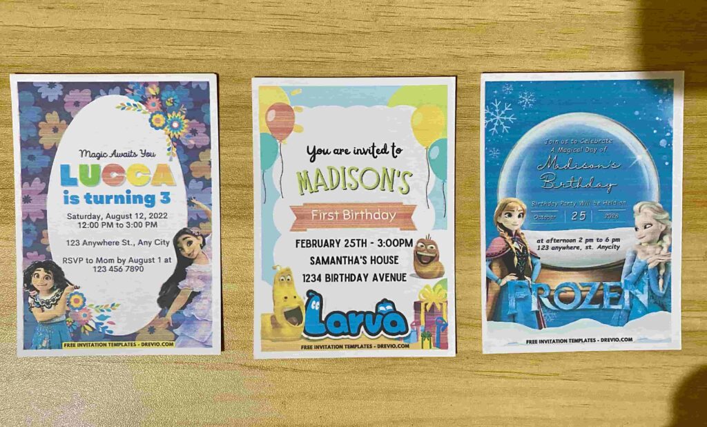 Preview of Snow Globe Disney Frozen Elsa & Anna, Larva, and Disney Encanto Birthday Invitation Printed on A7 5x7 250 gsm 80lb Matte Cardstock Paper