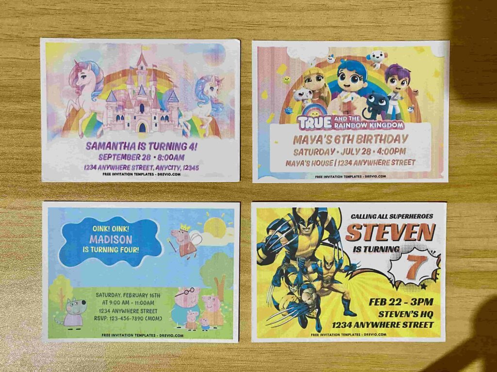 Preview of True and the Rainbow Kingdom, X-Men Wolverine, Rainbow Unicorn Kingdom and Muddy Puddle Peppa Pig Birthday Invitation Printed on A7 5x7 250gsm 80lb Matte Cardstock Paper