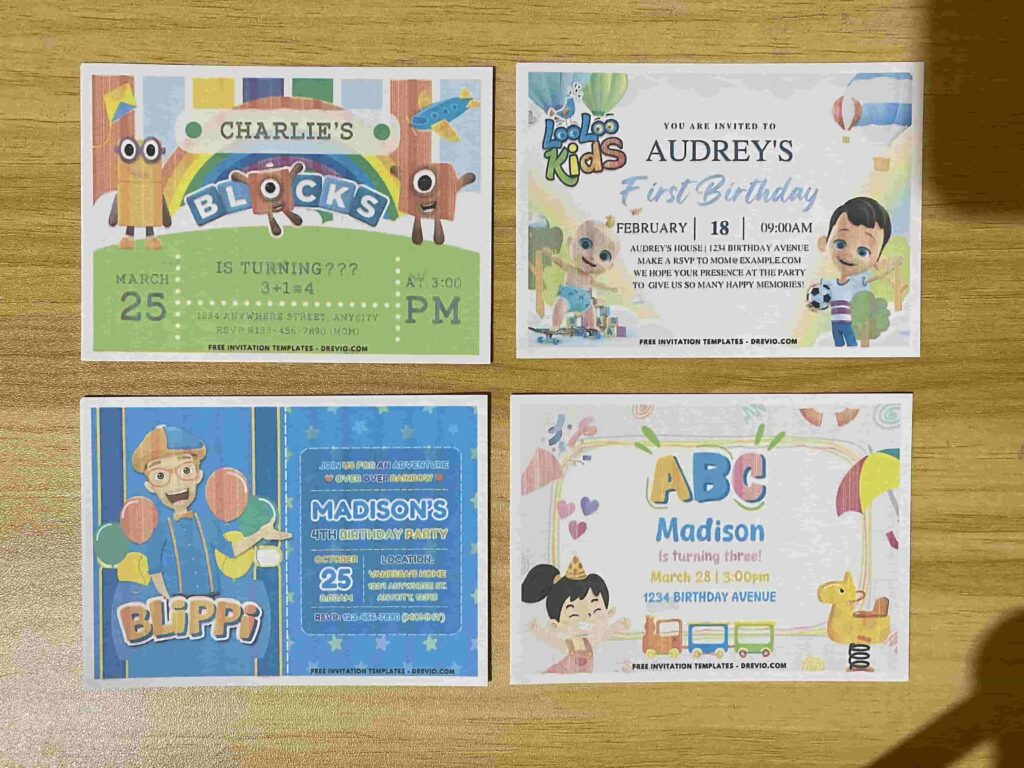Preview of Adorable LooLoo Kids, ABC Kids, Numberblocks and Blippi Birthday Invitation Printed on A7 5x7 250gsm 80lb Matte Cardstock Paper