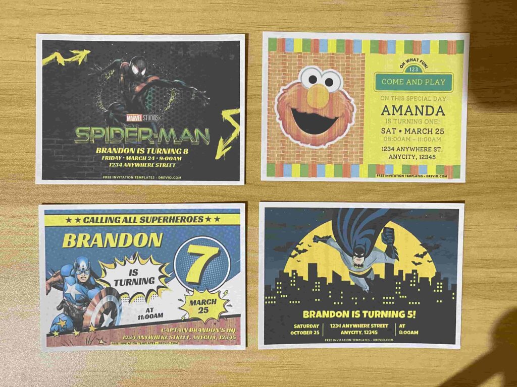 Preview of Sesame Street Brick Wall Elmo, DC League Comic Batman, Spider-Man Miles Morales Graffiti, and Captain America Birthday Invitation Printed on A7 5x7 250gsm 80lb Matte Cardstock Paper